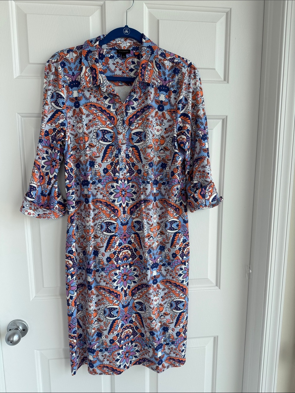 Talbots Blue Paisley Floral Button-Front Shirtdress with Orange & Pink Accents